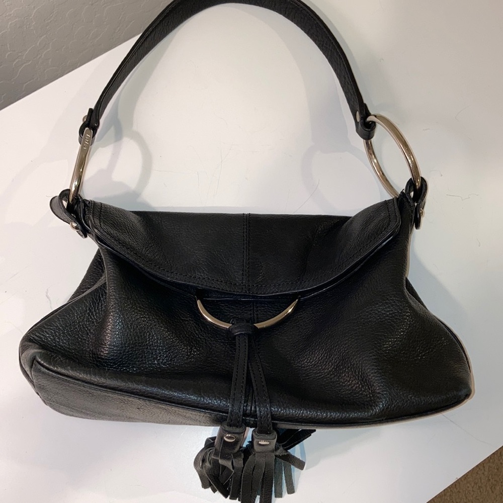 Alfani Black Leather magnetic close and flap over shoulder bag fringe and silver - Picture 12 of 15